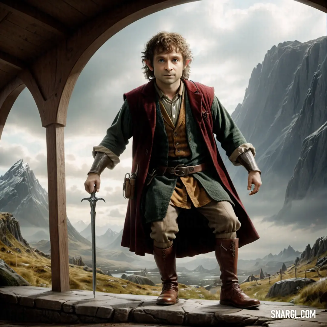 Hobbit in a red coat and a sword in a doorway with mountains in the background