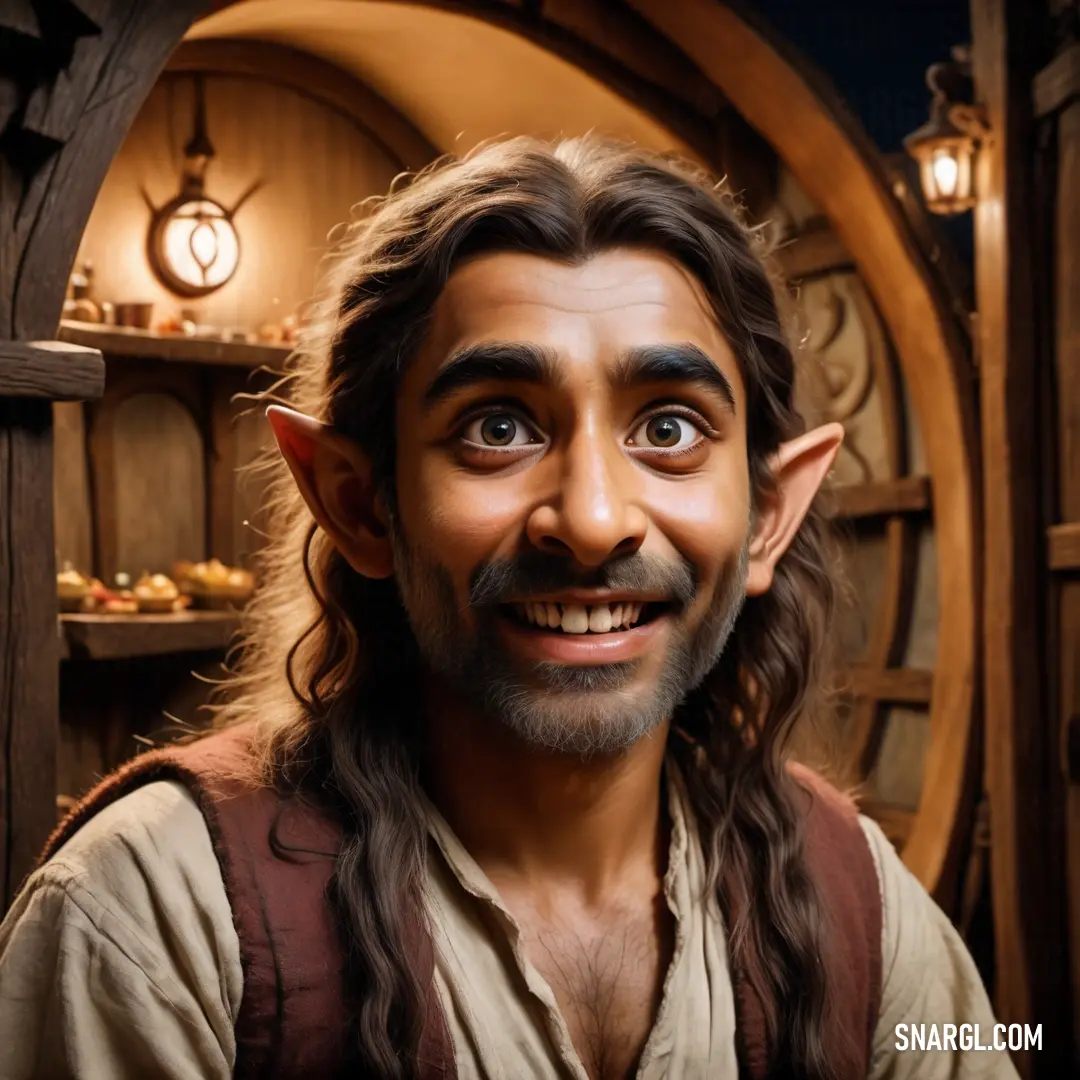 Hobbit with long hair and a beard wearing a costume and smiling at the camera with a fake tooth