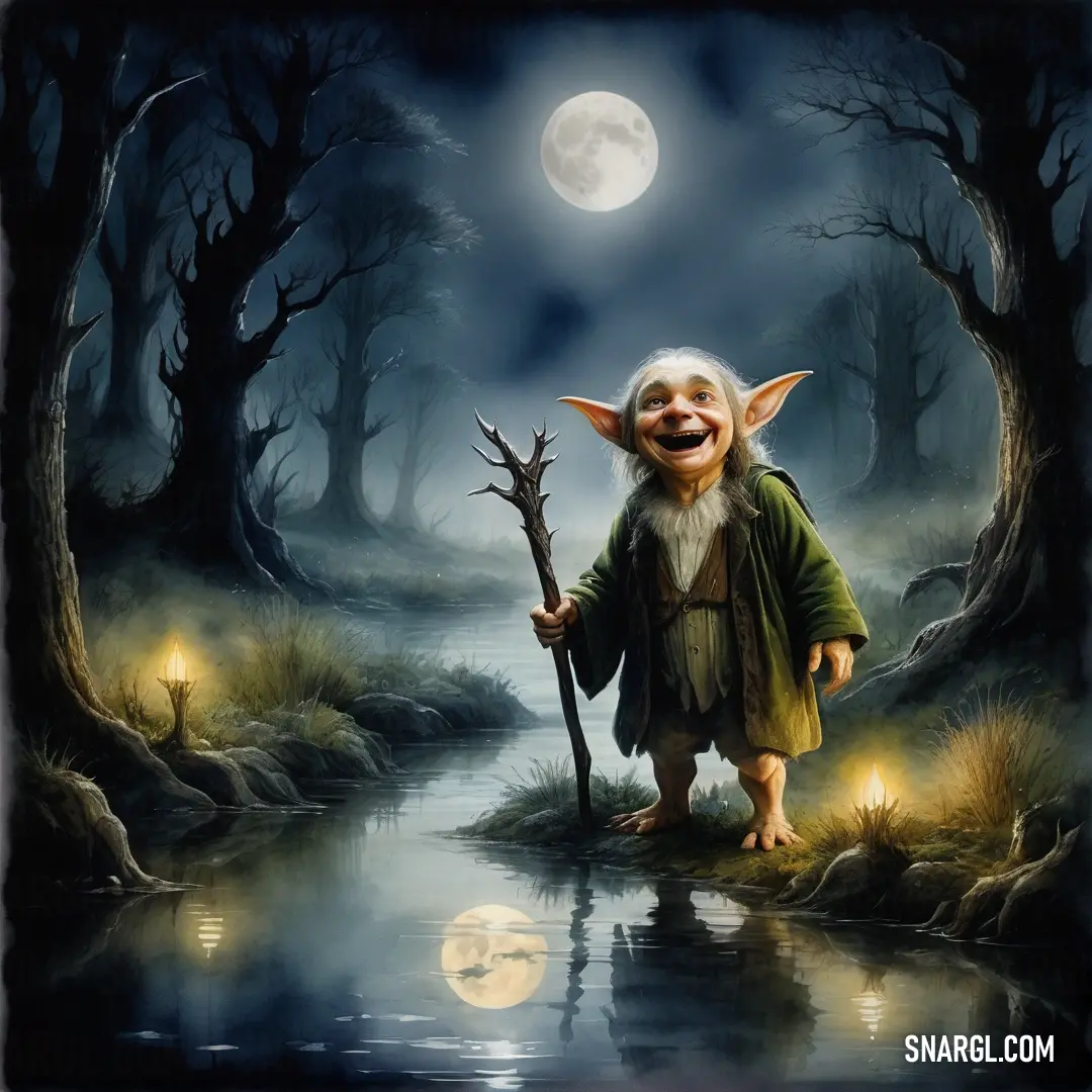 Painting of a troll holding a staff by a river at night with a full moon in the background