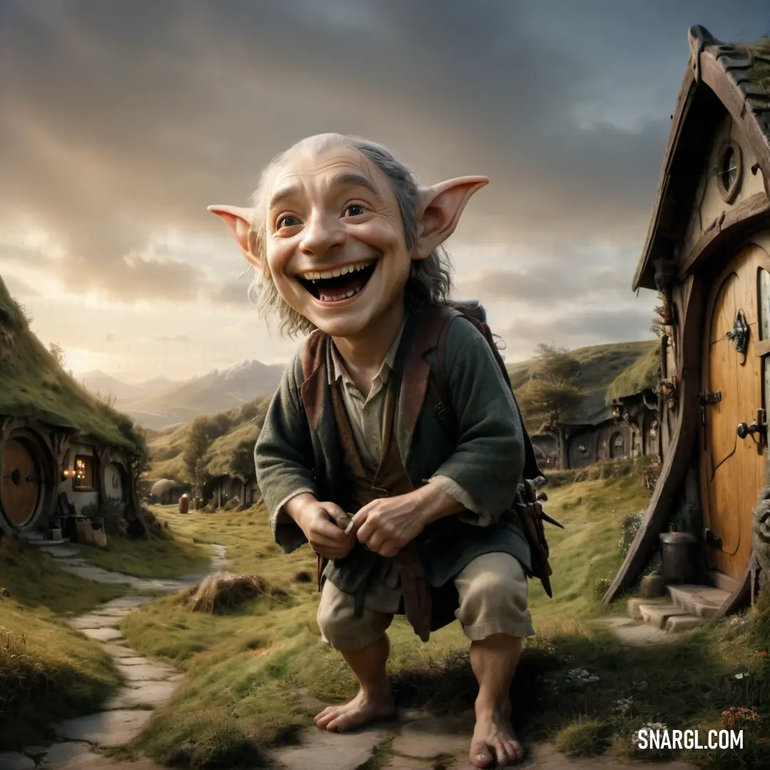 Troll with a big smile on his face and a house in the background with a path leading to it