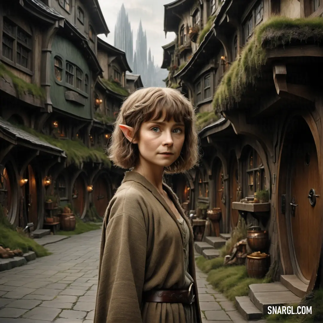 Hobbit standing in front of a house with a lot of green plants on it's walls and a door
