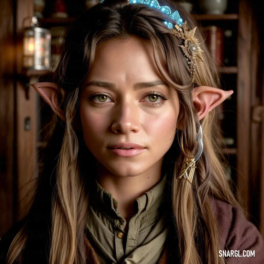 Hobbit with a blue tiara and a green shirt on is looking at the camera and she is wearing a brown shirt