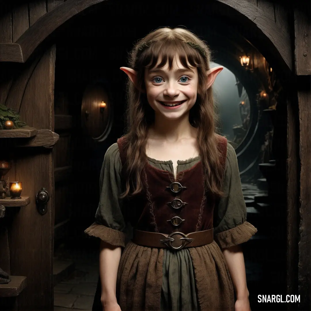 Young girl dressed in a costume standing in a doorway with a light on her face and a toothy grin
