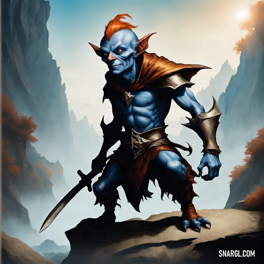 Blue male Hobgoblin with a sword and a red hair standing on a rock in a mountainous area