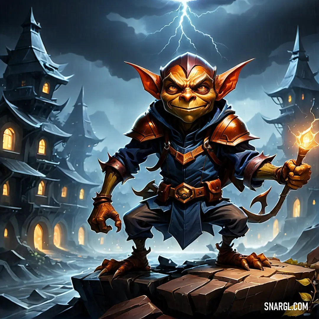 Hobgoblin holding a light up wand in front of a castle with a lightning bolt in it's mouth