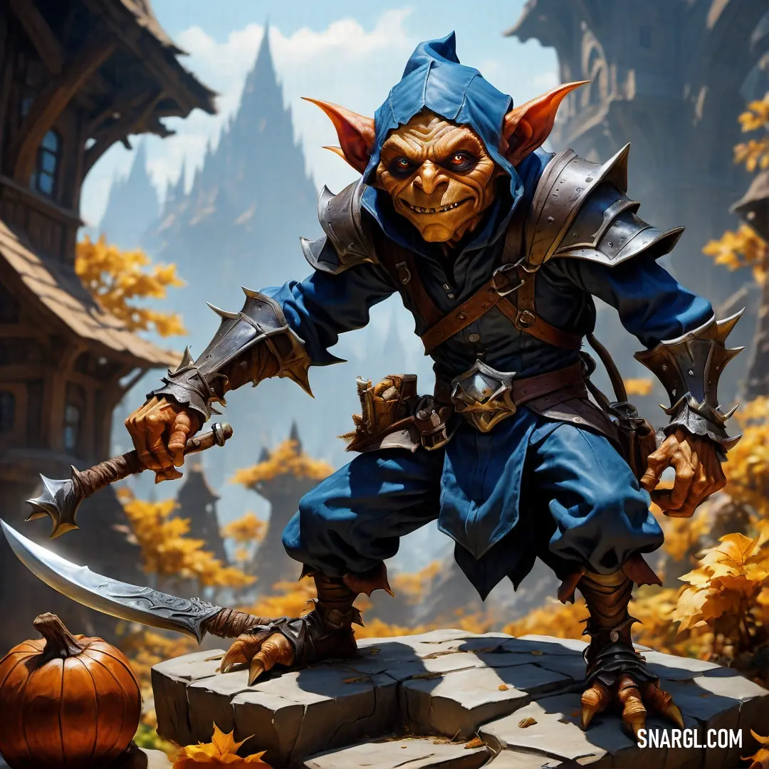 Hobgoblin from the video game world of warcraft with a sword and a pumpkin in the background