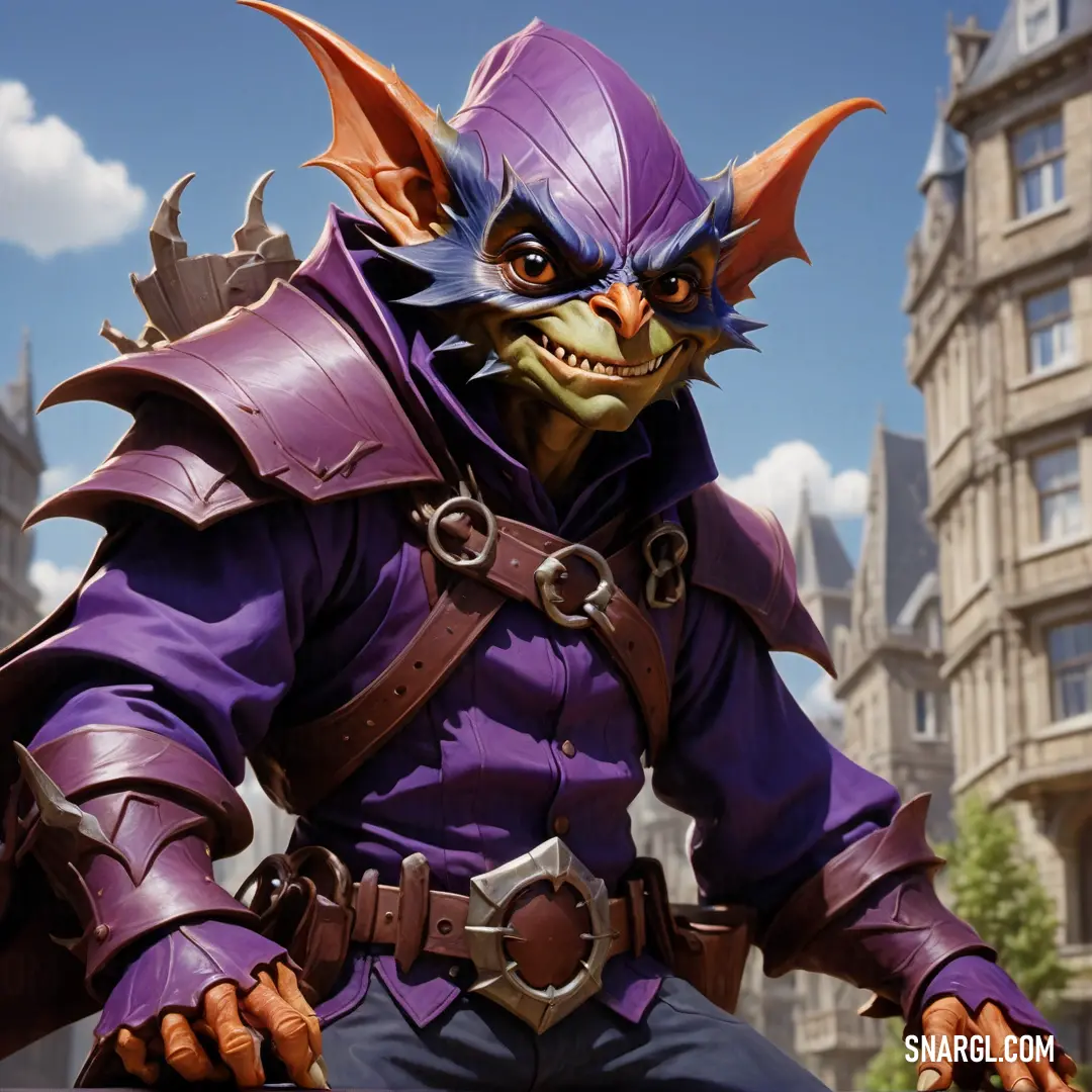 Close up of a statue of a Hobgoblin with a purple outfit and purple hair