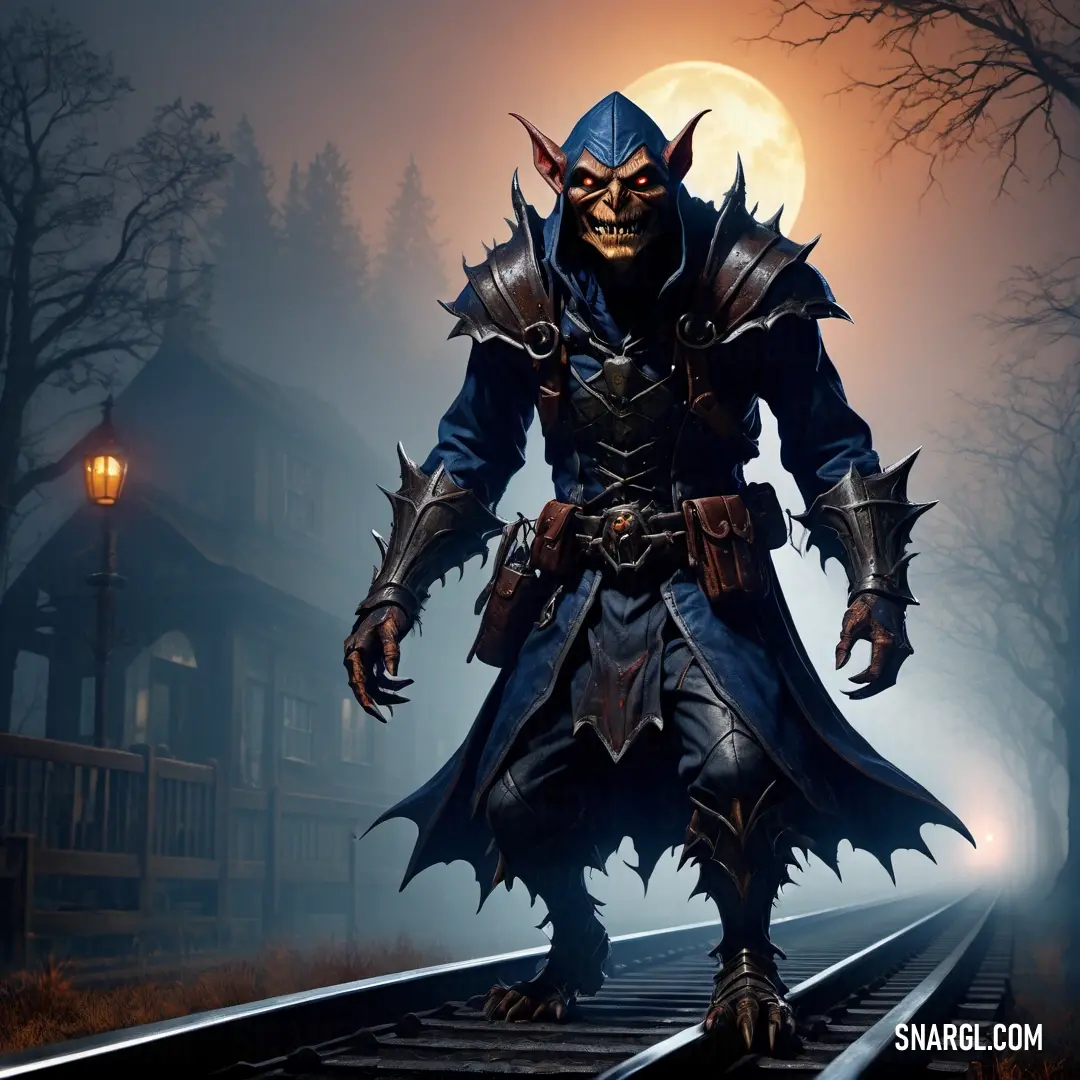 Demonic looking male Hobgoblin standing on a train track in front of a full moon and a building with a light on