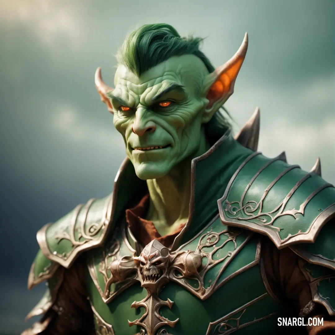 Green male Hobgoblin with horns and a green suit on with a dark sky in the background