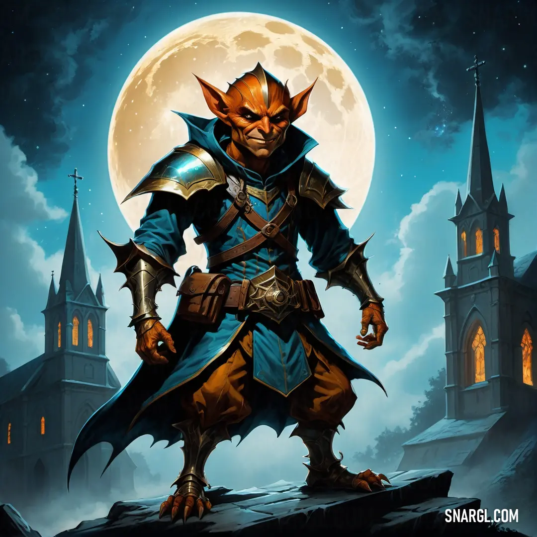 Hobgoblin in a blue and orange outfit standing in front of a full moon with a castle in the background