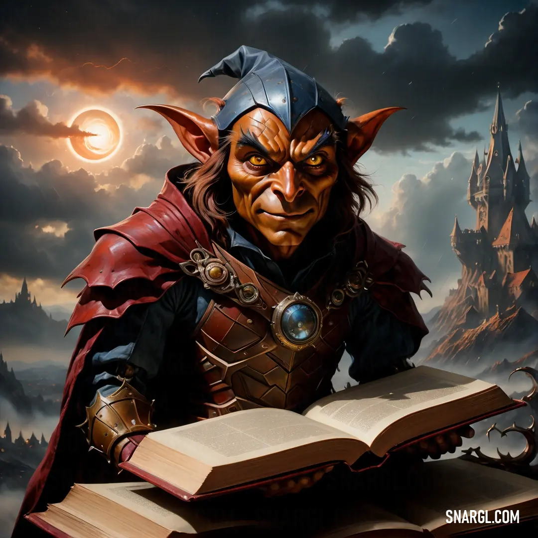 Man in a costume is holding a book and reading it with a Hobgoblin like face on it