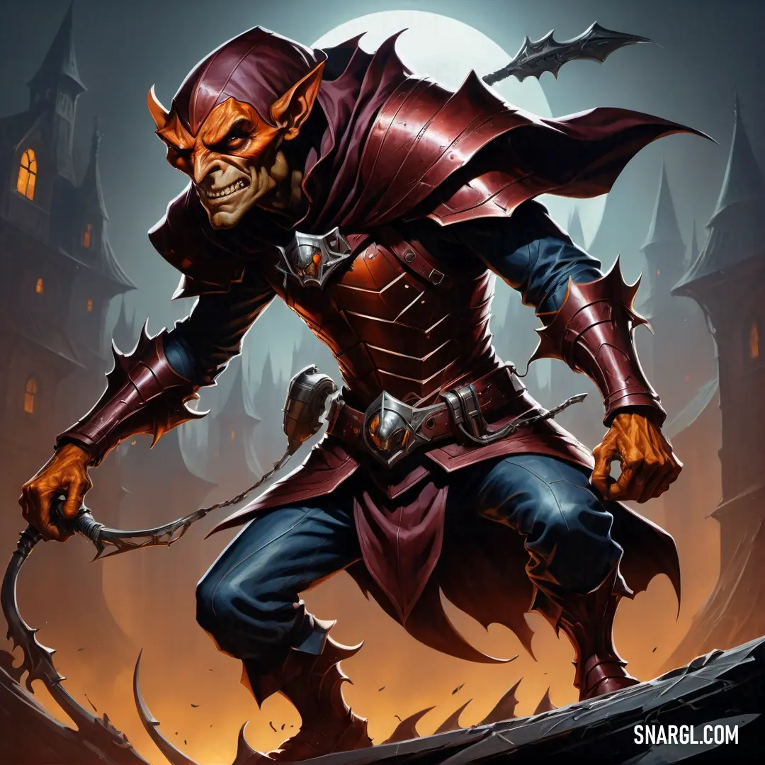 Hobgoblin in a red outfit holding a sword and a knife in his hand with a full moon in the background