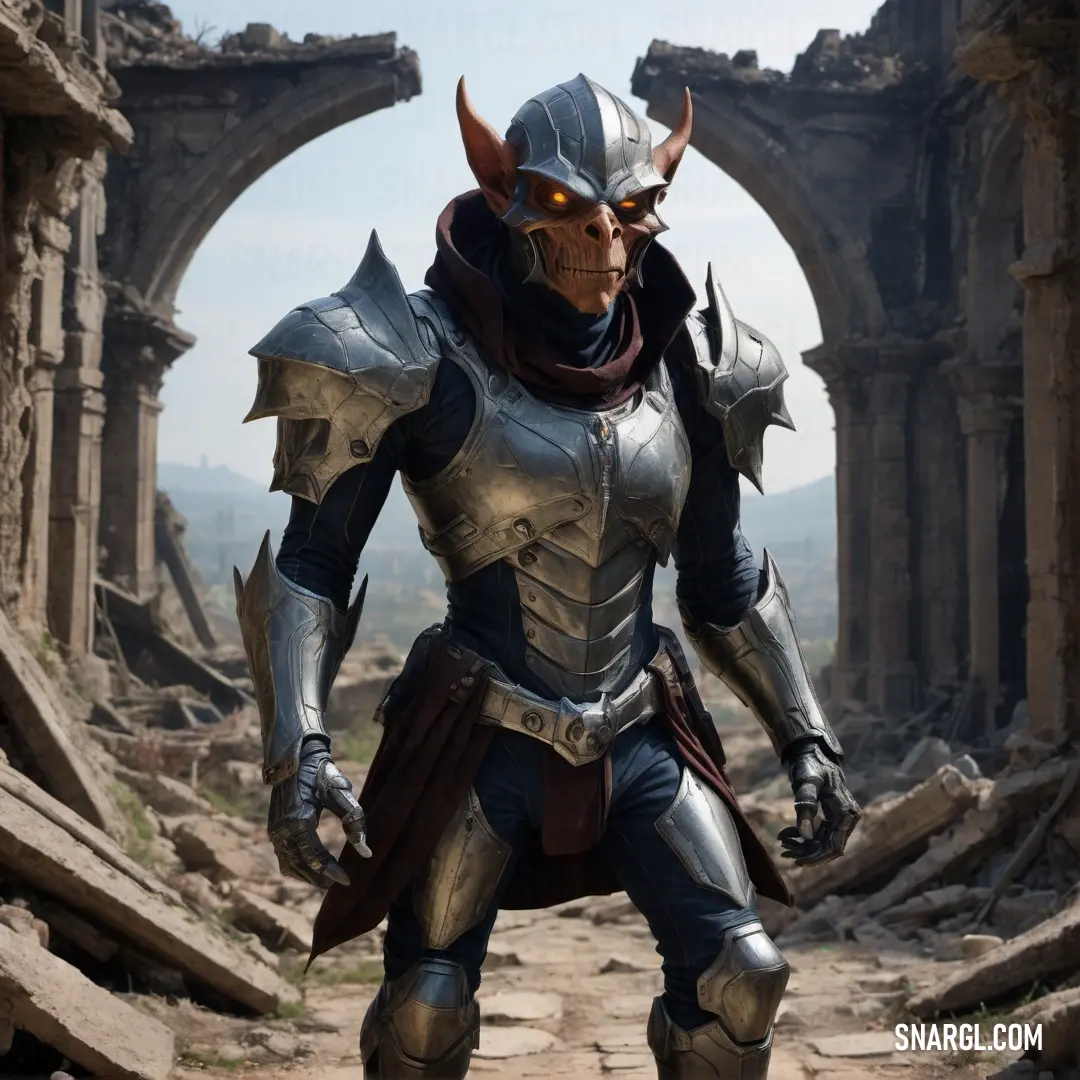 Hobgoblin in armor standing in a ruined area with ruins in the background