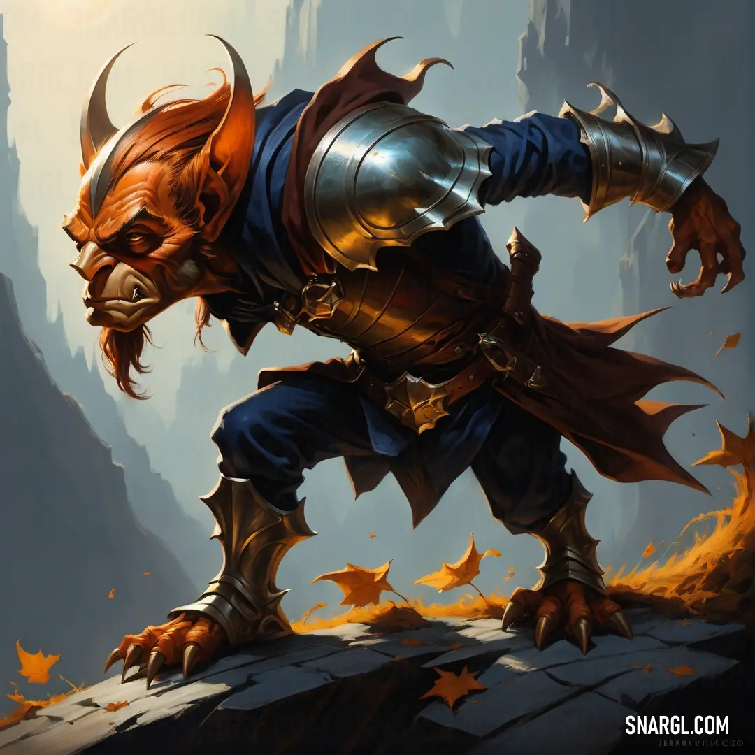 Painting of a Hobgoblin with a sword and armor on his back, with a mountain in the background