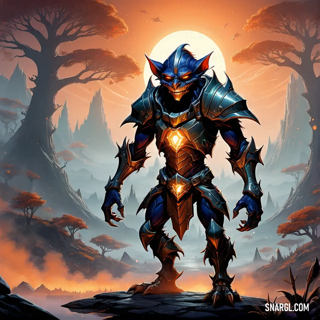 Stylized artwork of a Hobgoblin standing in a forest with a glowing light in his hand