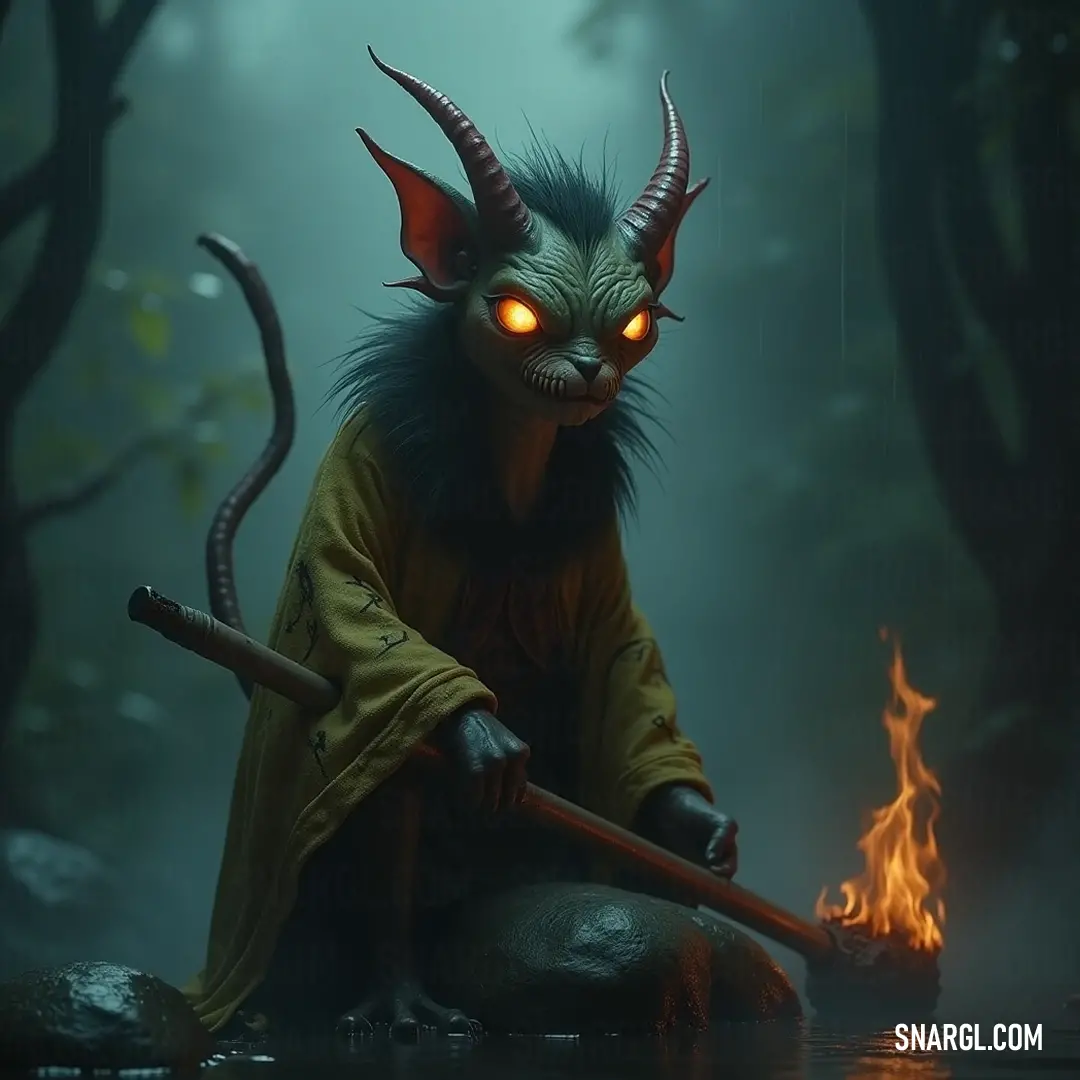 A captivating figure resembling Hoggle emerges from the water, eyes aglow with mystery, clutching a stick with elemental fire, embodying the enchanting fusion of magic and nature in an otherworldly atmosphere.
