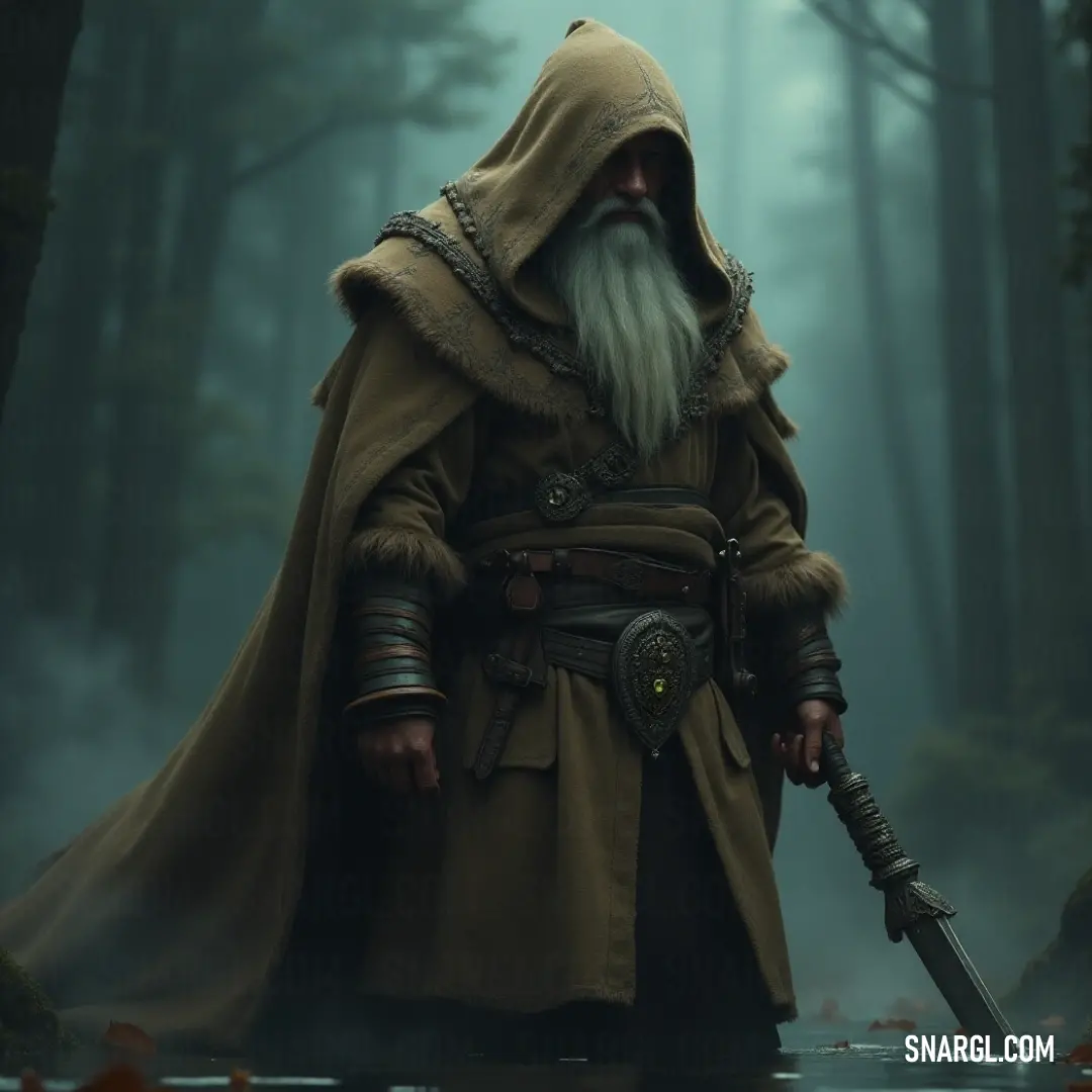 In a verdant forest, a valiant figure dressed in a hooded coat holds a gleaming sword, ready for action. His long beard flows gracefully, merging with the essence of nature around him, as the sunlight dapples through the trees above.