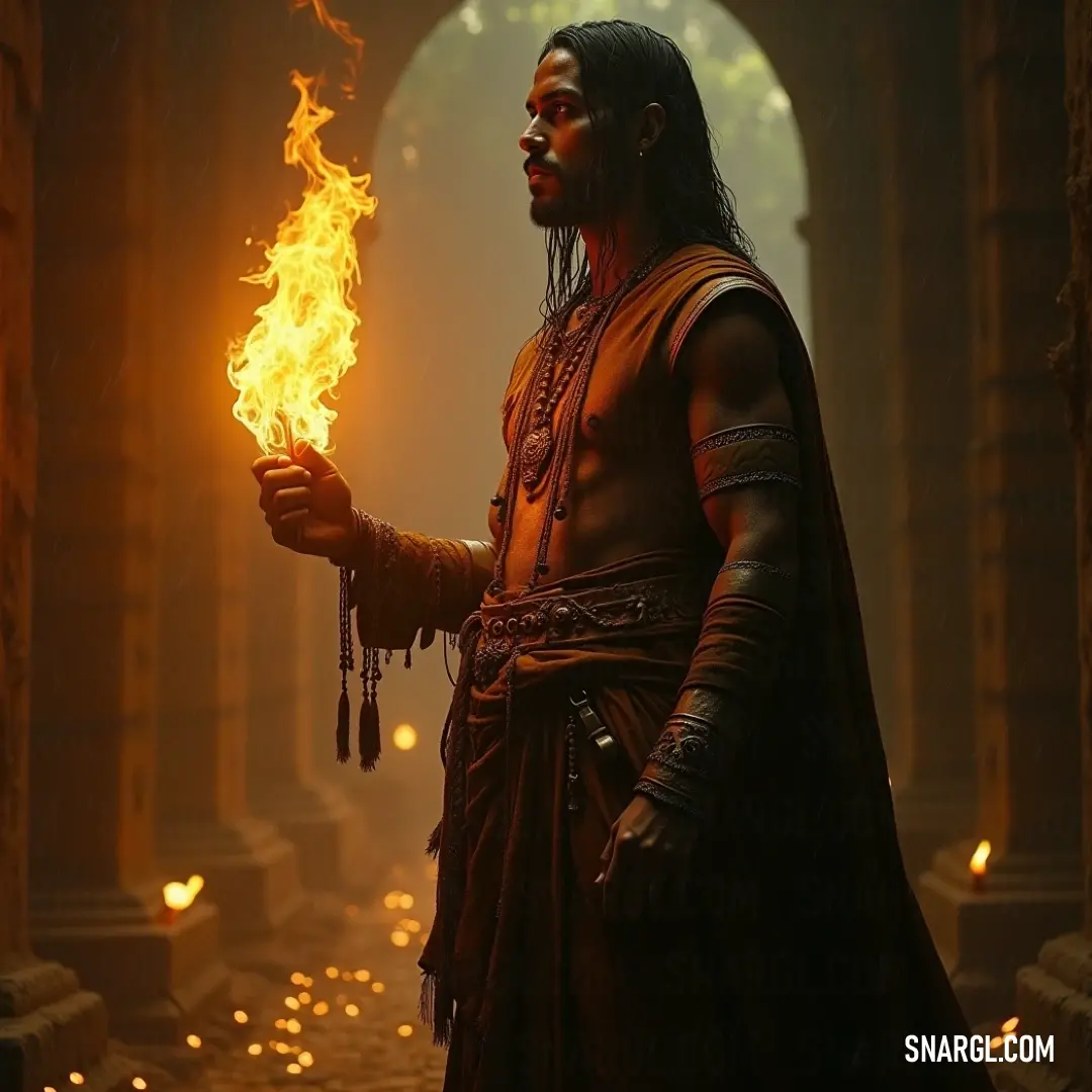In a shadowy chamber adorned with grand arches, a Hollow Sorcerer clad in a mesmerizing costume wields a fiery stick, juxtaposing the fierce heat of the flames against the chilling ambiance of the darkened room.