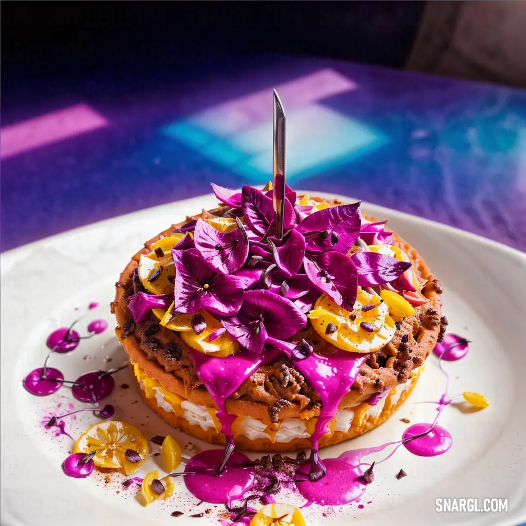 Cake with purple flowers on a plate with a knife sticking out of it's center piece