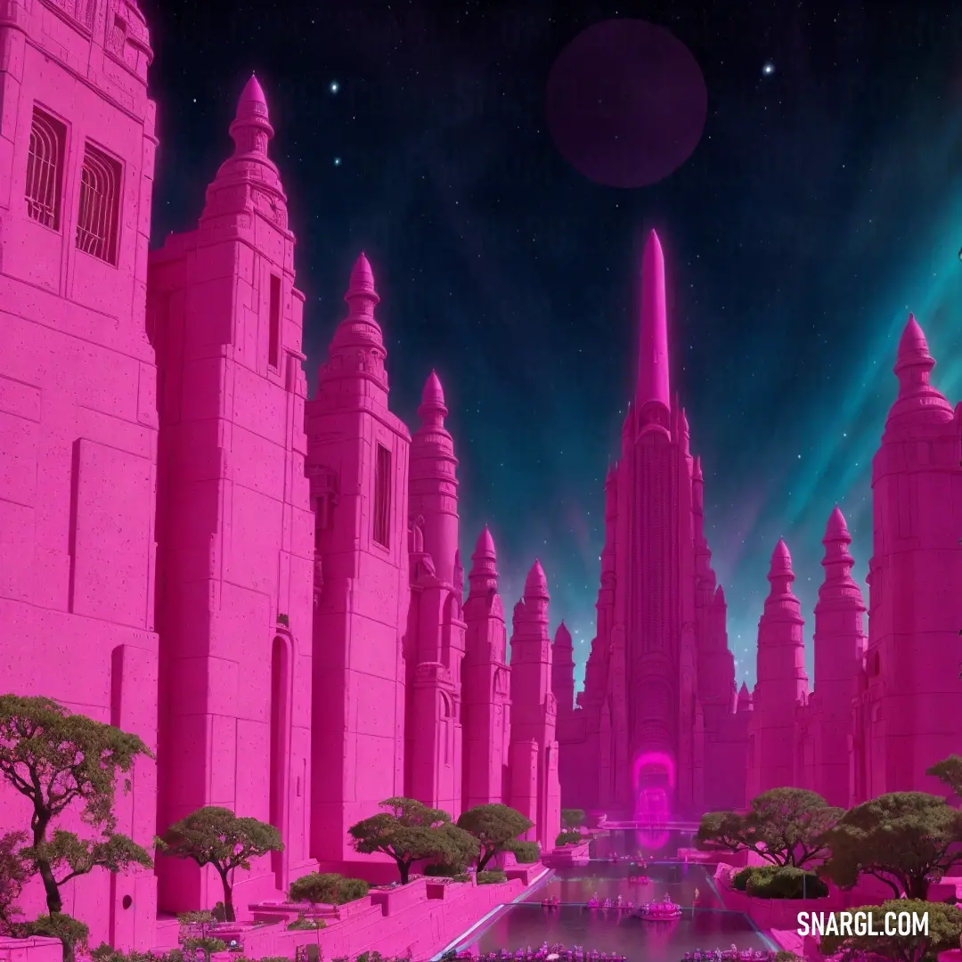 Futuristic city with a pink glow and a pink sky background with stars and planets in the sky