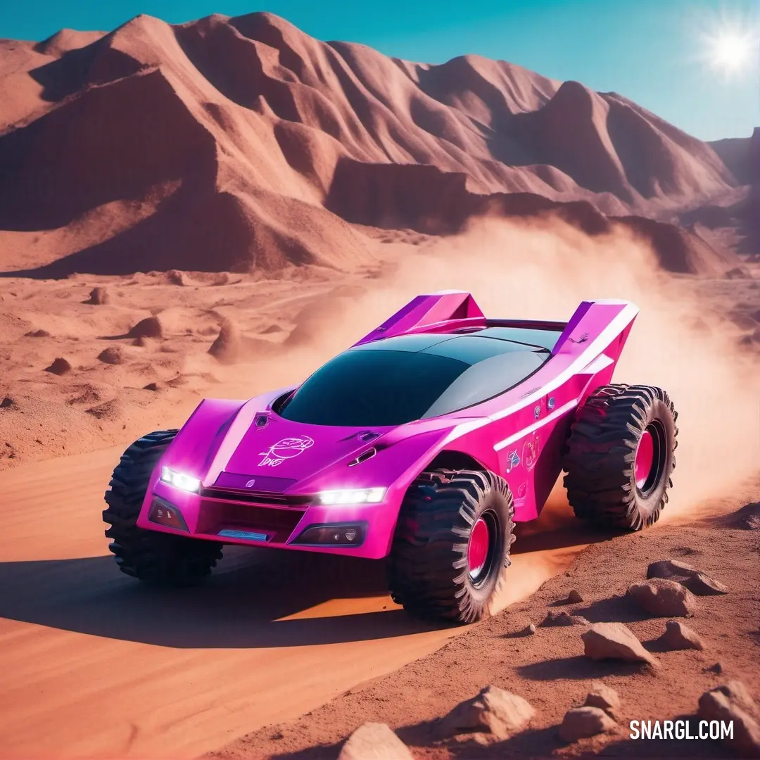 Pink car driving through a desert with rocks and sand behind it and a bright sun shining on the top of the car