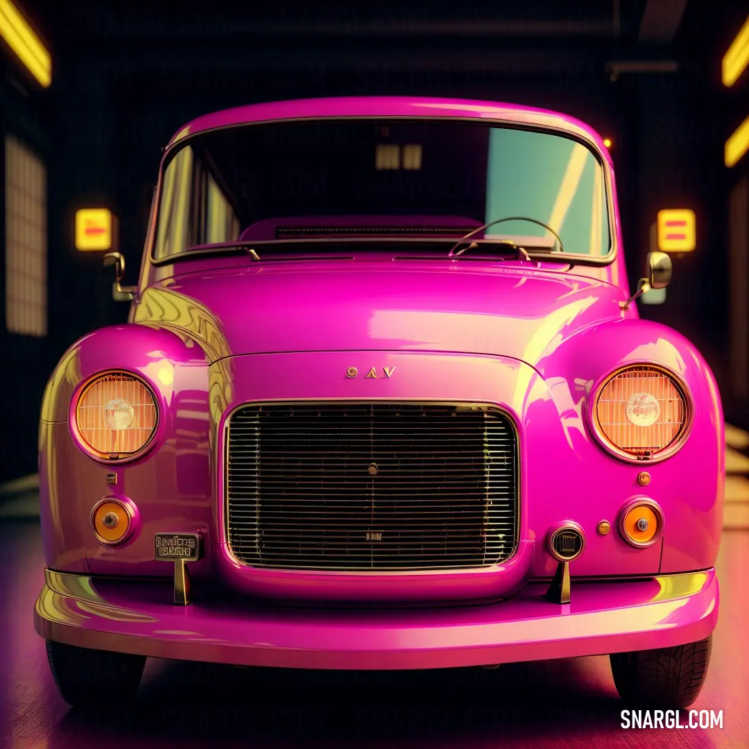 Hollywood cerise color. Pink car is parked in a garage with its lights on and a yellow light on the front of it