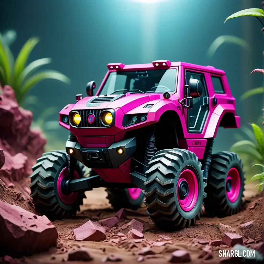 Pink monster truck is in a pink cave with rocks and plants in the background. Example of Hollywood cerise color.