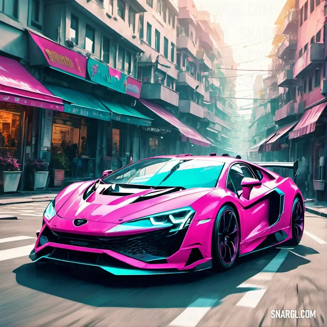 Pink sports car driving down a city street in front of tall buildings and shops on a sunny day. Example of CMYK 0,100,34,4 color.