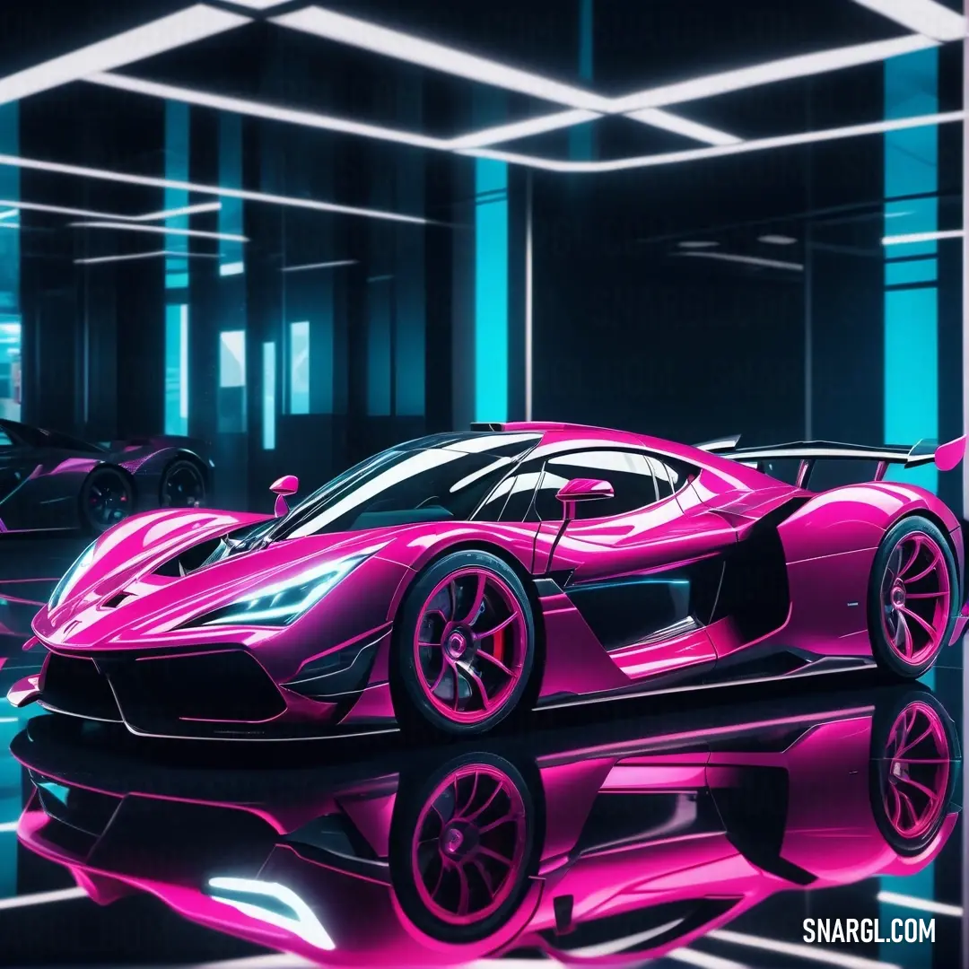 Hollywood cerise color example: Pink sports car in a futuristic setting with neon lights on the floor