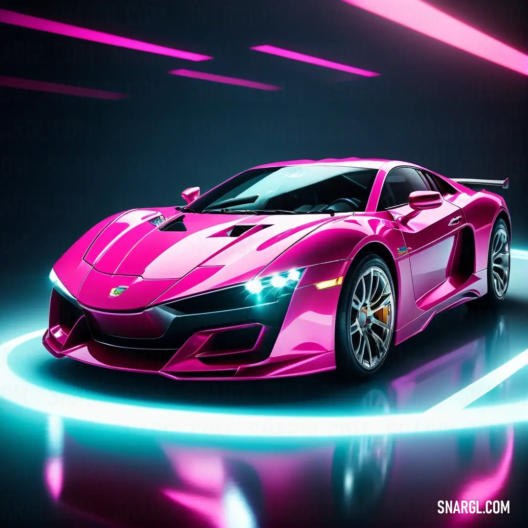 Pink sports car is shown in a neon light tunnel with a neon glow around it and a circular neon strip. Color CMYK 0,100,34,4.