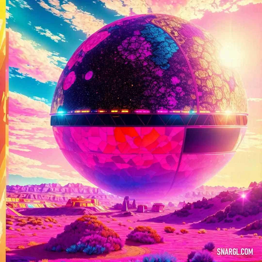 Large purple ball in the middle of a desert with a sky background and clouds in the background with a bright pink and blue hue