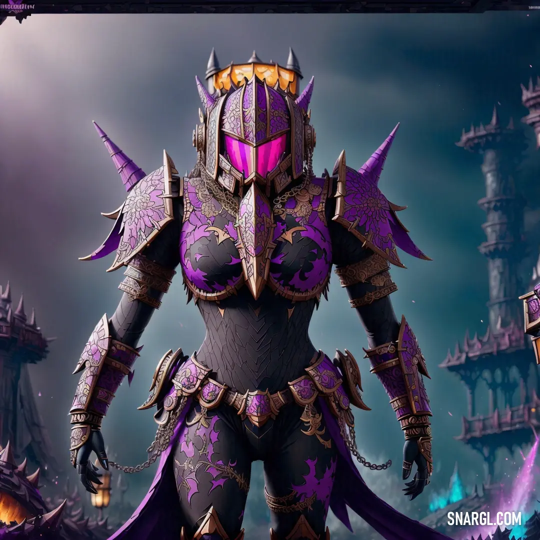 Purple and black armored character standing in front of a castle with a purple light on it's face