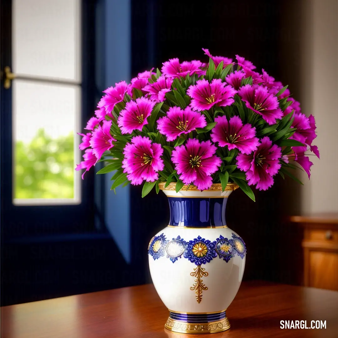 Vase with purple flowers in it on a table next to a window with a blue door