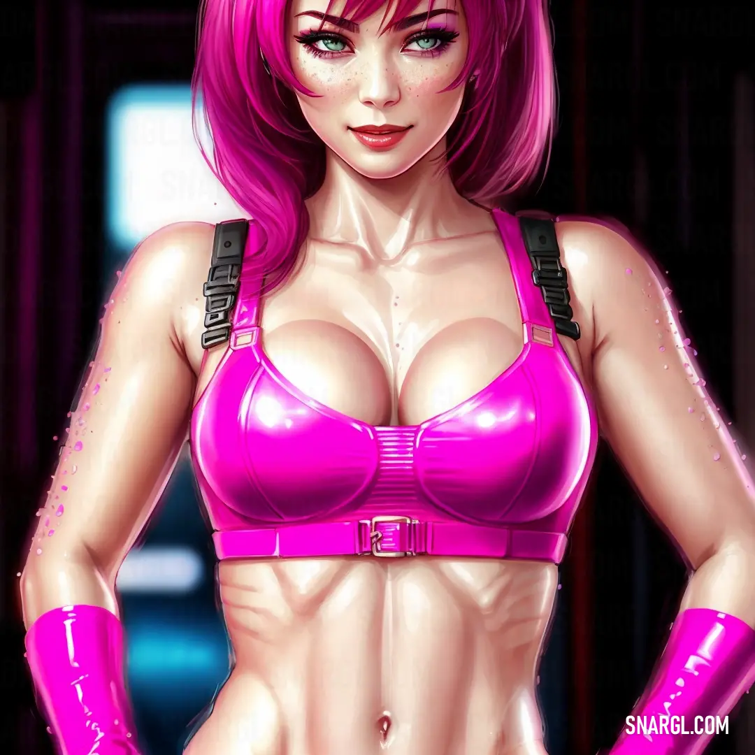 Woman in a pink bra top and gloves posing for a picture with her hands on her hips and her breasts exposed