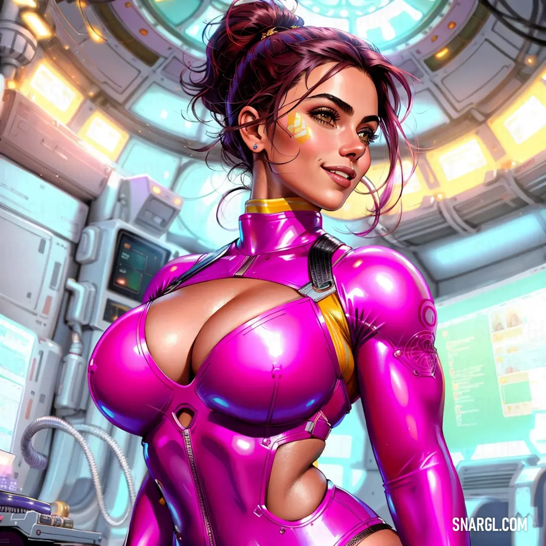Woman in a purple suit is posing for a picture in a futuristic setting with a computer screen in the background