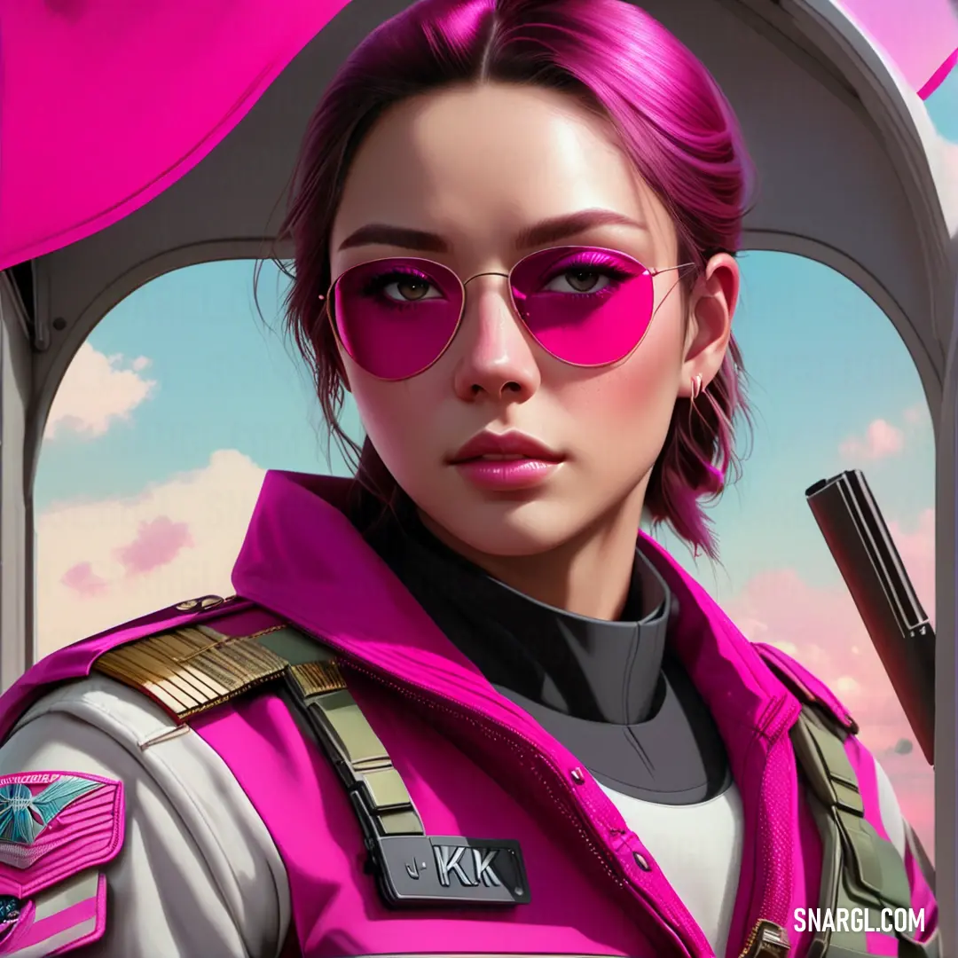 Woman with pink hair and sunglasses in a pink outfit. Color CMYK 0,100,34,4.