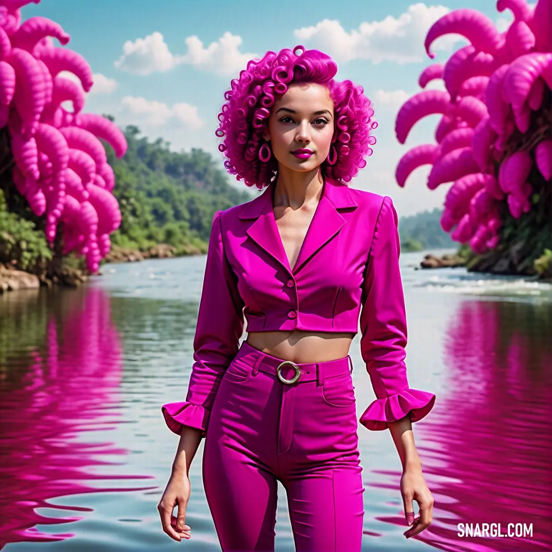 Hollywood cerise color example: Woman with pink hair standing in water