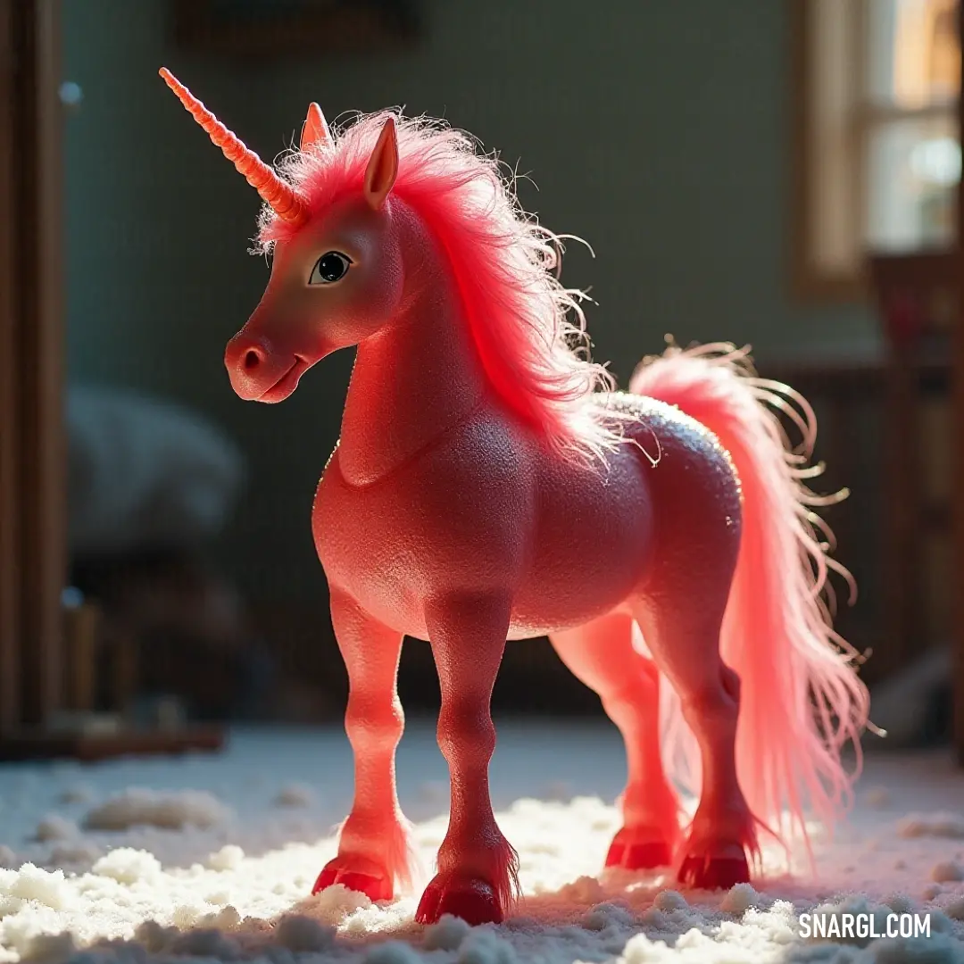 A charming Toy Holy Steed, resting atop a bed, delights with its vibrant colors and playful design, nestled in a cozy room showcasing a soft carpet, a window illuminating its cheerful persona.