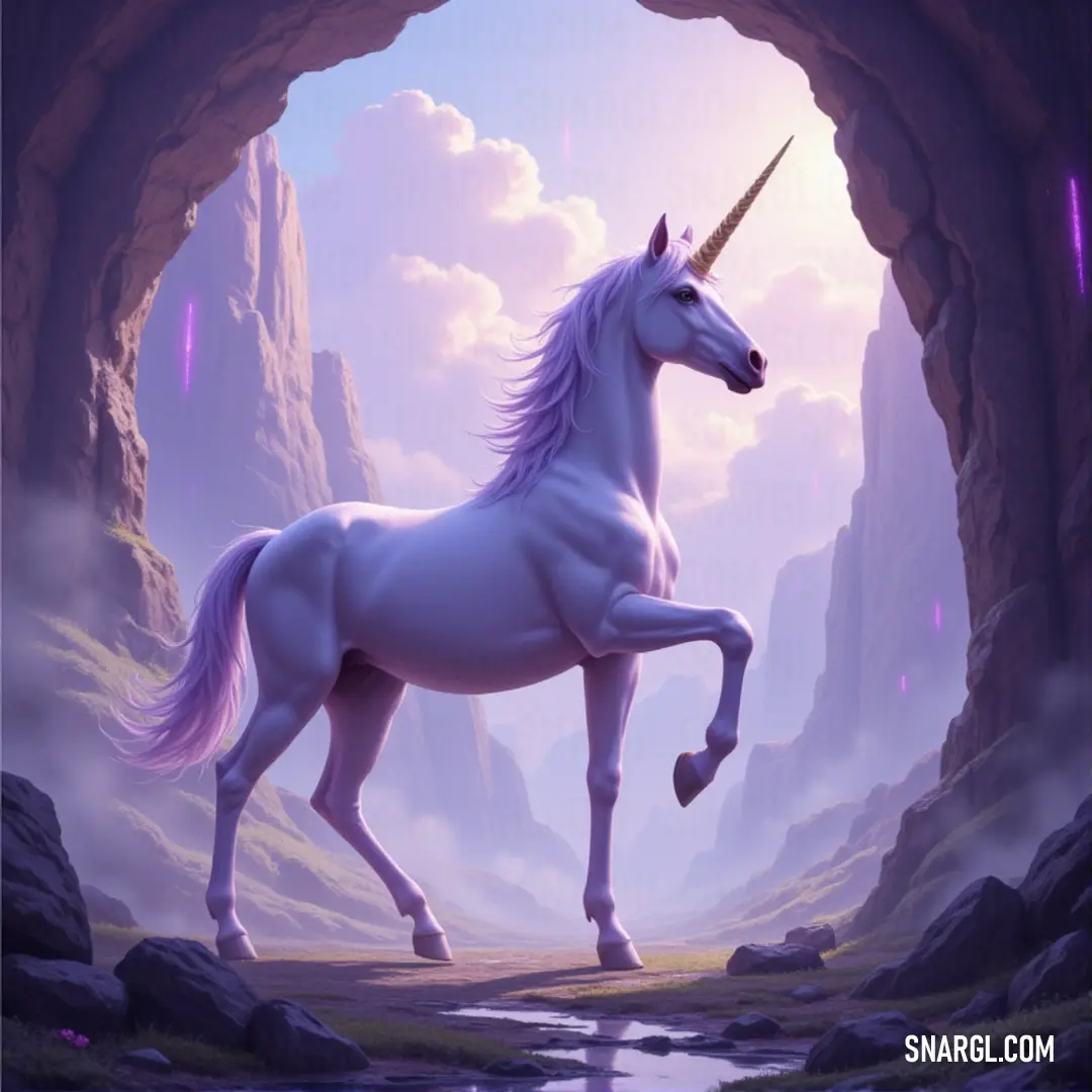 A noble holy steed stands inside a cave, its silhouette illuminated by the soft light of a mountain vista in the background, exuding a sense of grace and strength. A majestic holy steed stands calmly inside a shadowy cave, its powerful form framed by the rough outlines of a distant mountain in the background, creating a serene yet commanding scene.