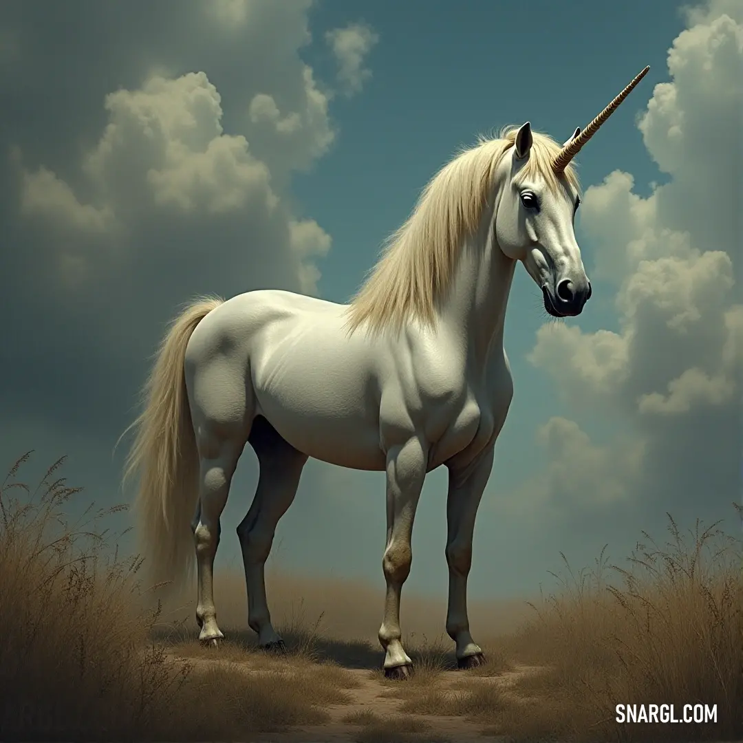 A white steed stands alone in a wide open field, the sky stretching out above it. The horse’s silhouette contrasts beautifully with the vast, peaceful sky, creating a serene moment of solitude.