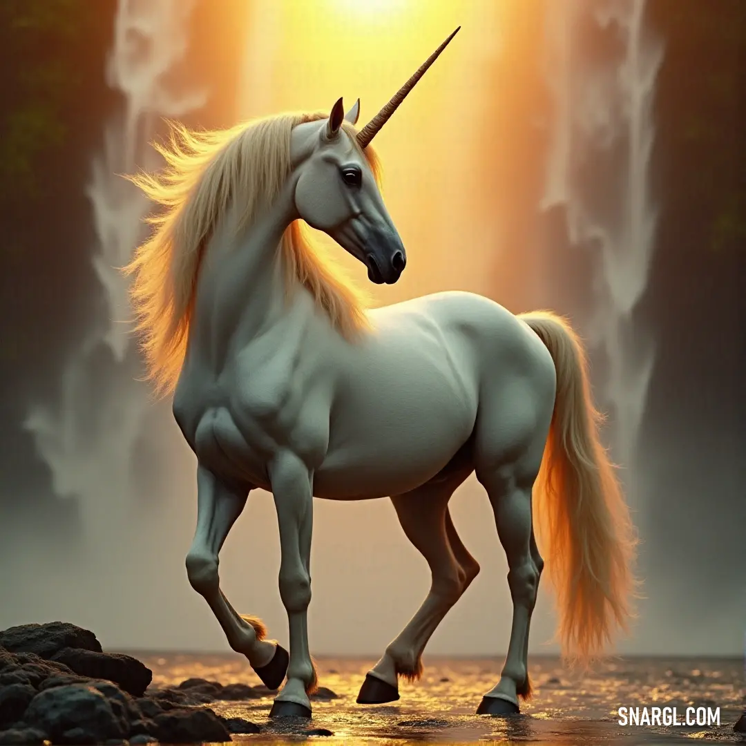 A white steed stands proudly on a rock, surrounded by the serene beauty of water and a cascading waterfall behind it. The horse’s presence creates a tranquil, almost magical feeling.