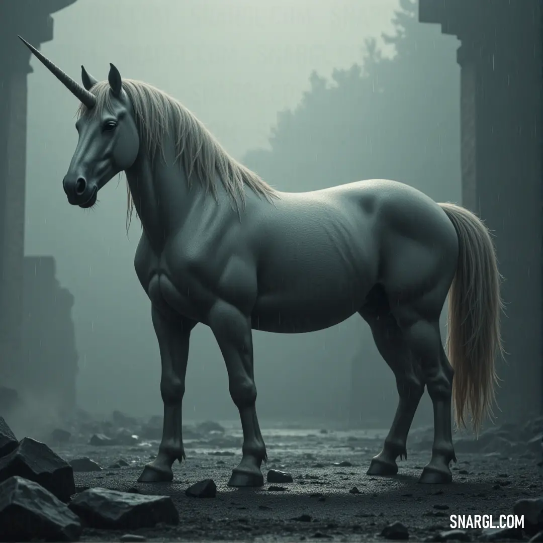 A white holy steed stands gracefully in a shadowed forest, its luminous figure glowing softly amidst the dark trees and rocky landscape. A glowing white holy steed stands in the midst of a dark forest, its form standing out against the blackness of towering trees and rocky outcrops, radiating a serene and mystical presence.