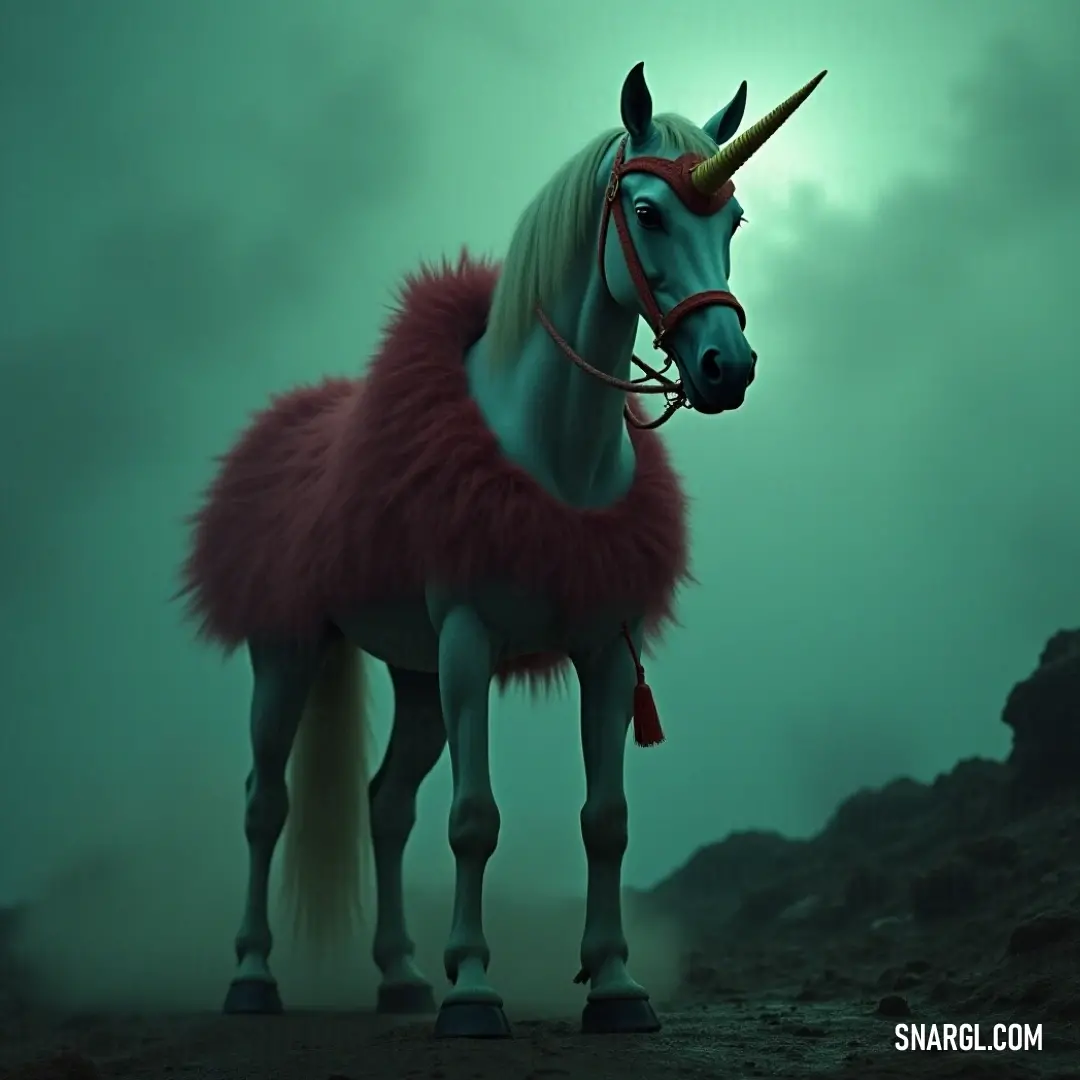 A captivating image of a Holy Unicorn poised on a rocky summit, its enchanting long horn and whimsical pink tail contrasting against a moody dark sky painted with shades of green, igniting imagination. A mythical Holy Unicorn stands courageously atop a rocky hill, its striking long horn and vivid pink tail set against a dramatic dark sky filled with deep greens and blues, evoking a sense of wonder.