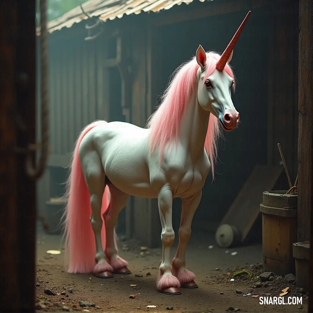 A stunning White Holy Unicorn, with soft pink hair, stands proudly before an elegant building. Its long red tail sways gracefully in the breeze, adding a sense of elegance to the surroundings. The unicorn’s calm, knowing gaze invites wonder and adm
