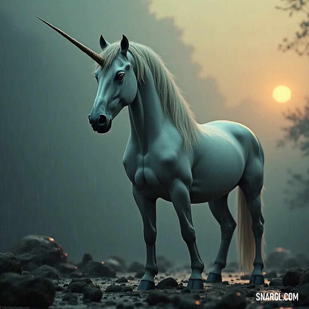 A breathtaking portrayal of a White Holy Unicorn standing proud in the rain, its long horn glistening in the droplets, framed by a vibrant green forest that echoes natural beauty. A stunning White Holy Unicorn stands majestically in a gentle rain, its long, glimmering horn and flowing mane accentuated beautifully against a lush forest backdrop.