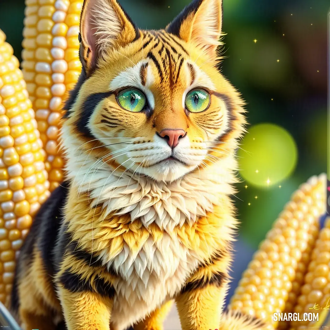 A cute cat, with striking green eyes and a black-and-white face, lounging on top of a pile of corn on the cob. The soft honeydew-colored background adds to the playful and cozy feel of this adorable scene.