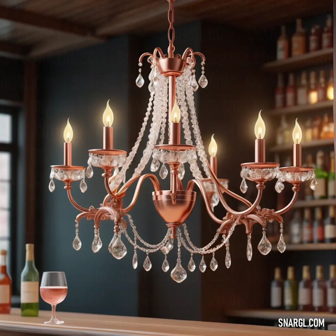 A stylish chandelier adorned with intricate glasswork, suspended gracefully above a polished table set with an elegant glass of red wine in a cozy bar environment. This visual encapsulates the soothing Honeydew color palette.