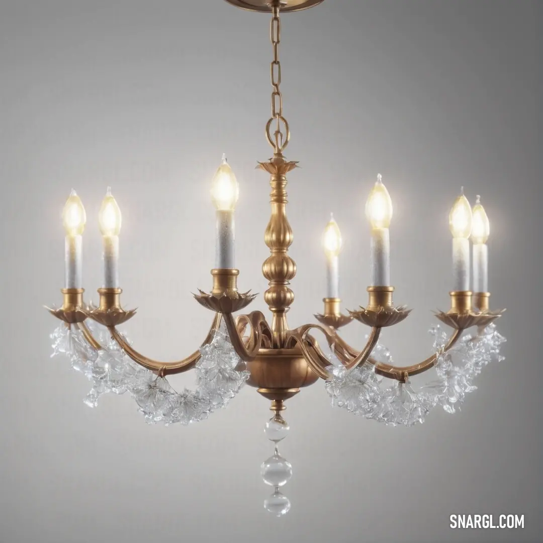 A stunning crystal chandelier with five shimmering lights illuminates a beautifully decorated ceiling, radiating elegance and grace. The soft color #F0FFF0 enhances the light's brilliance in this exquisite interior.