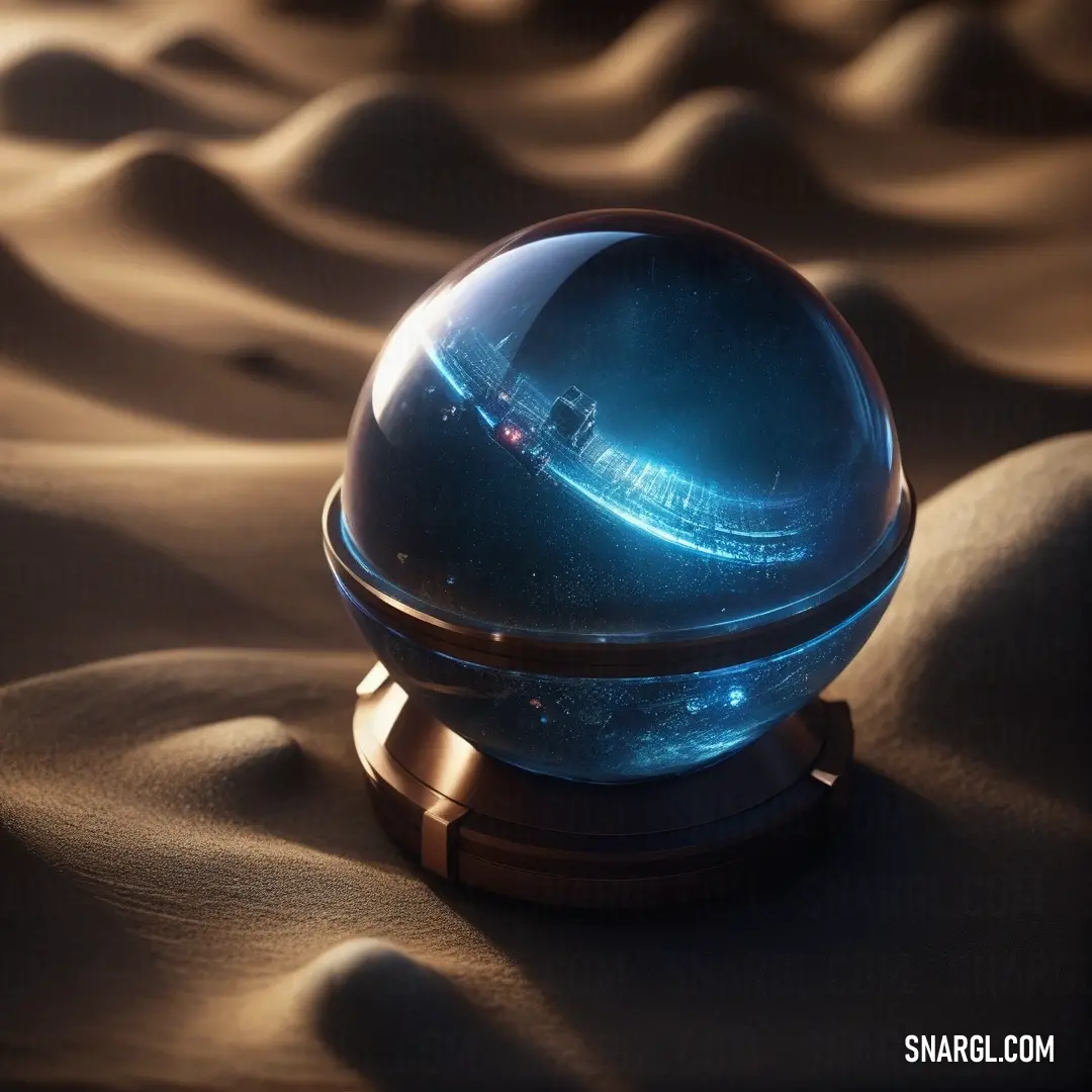 A glass ball atop a wooden stand in a desert, featuring a small train. The ball catches the light, creating a striking visual with the soft honeydew color in the scene.