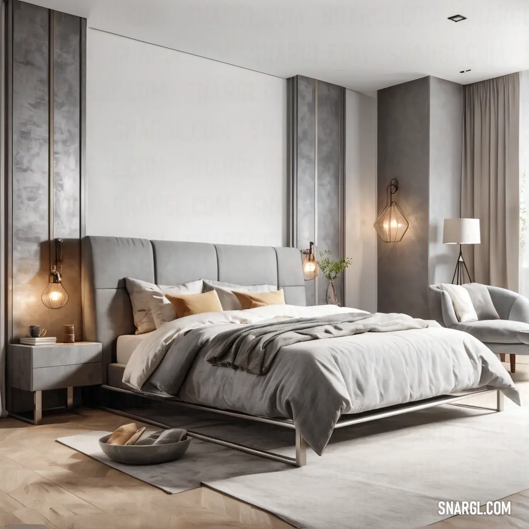 A warm and inviting bedroom featuring tasteful furnishings - a comfy bed, elegant chair, and a decorative mirror nestled in the corner atop a rich rug, all showcased in the soft hues of color #F0FFF0.